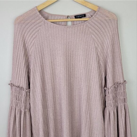 1. State Smocked Sleeve Ribbed Blouse Shadow Pink Long Sleeve Metallic L - Picture 4 of 13
